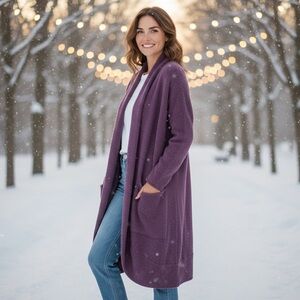 GRIZAS Wool Blend Slouchy Pocket Open Front Comfy Eggplant Cardigan Medium $312